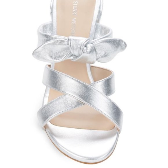 Stuart Weitzman $425 Bandeau Metallic Slide Bow Sandal Silver Leather MANY SIZES - Picture 4 of 11